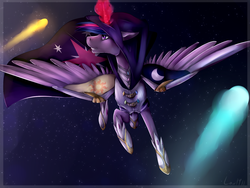 Size: 1600x1200 | Tagged: safe, artist:lou1911, twilight sparkle, alicorn, pony, g4, armor, cape, clothes, comet, female, glowing horn, horn, magic, mare, solo, space, twilight sparkle (alicorn), warrior, warrior twilight sparkle