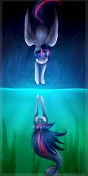 Size: 800x1600 | Tagged: safe, artist:lou1911, twilight sparkle, alicorn, earth pony, merpony, sea pony, g4, female, fish tail, flowing mane, flowing tail, flying, mare, seaponified, seapony twilight, seaweed, self ponidox, sky, solo, species swap, swimming, tail, twilight sparkle (alicorn), underwater, water, wings