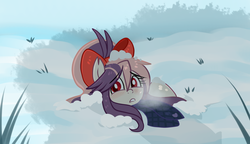Size: 2000x1148 | Tagged: safe, artist:xwhitedreamsx, oc, oc only, oc:sweet velvet, bat pony, pony, blushing, bow, buried, looking at you, sad, snow, solo, steam, winter