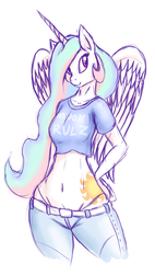 Size: 568x1001 | Tagged: safe, artist:weasselk, princess celestia, alicorn, anthro, g4, belly button, clothes, doodle, female, jeans, midriff, pants, solo, wide hips