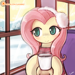 Size: 750x750 | Tagged: dead source, safe, artist:lumineko, fluttershy, pony, g4, clothes, coffee, coffee mug, cold, cup, cute, earmuffs, female, hot drink in cold weather, lumineko is trying to murder us, mare, patreon, patreon logo, scarf, shyabetes, smiling, snow, solo, window