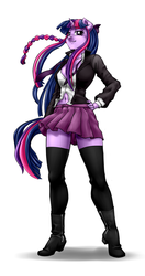 Size: 475x900 | Tagged: safe, artist:pia-sama, twilight sparkle, unicorn, anthro, plantigrade anthro, comic:rogue diamond, g4, alternate hairstyle, belly button, boots, clothes, female, school uniform, schoolgirl, simple background, skirt, socks, solo, thigh highs, white background, zettai ryouiki