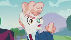 Size: 1366x768 | Tagged: safe, screencap, svengallop, earth pony, pony, g4, the mane attraction, clothes, frown, glare, glasses, looking at you, male, necktie, open mouth, pants, punchable, shirt, solo, stallion, suit, wide eyes