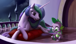 Size: 3048x1769 | Tagged: safe, artist:nadnerbd, princess celestia, spike, alicorn, dragon, pony, g4, advice, balcony, canterlot, canterlot castle, crossed hooves, female, long mane, long tail, lounging, male, mare, missing accessory, momlestia, moonlight, night sky, open mouth, pillow, prone, reflection, sitting, slender, sternocleidomastoid, tail, thin