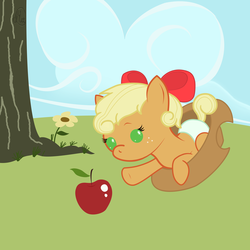 Size: 2000x2000 | Tagged: safe, artist:face-of-moe, applejack, earth pony, pony, g4, apple, baby, baby pony, babyjack, bow, cute, diaper, female, foal, food, hair bow, hat, jackabetes, obligatory apple, solo, weapons-grade cute