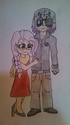 Size: 1836x3264 | Tagged: safe, artist:bronynel, fluttershy, oc, oc:shooting star, human, g4, canon x oc, humanized, humanized oc, married couple, older, shipping, traditional art