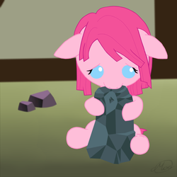 Size: 2000x2000 | Tagged: safe, artist:face-of-moe, pinkie pie, earth pony, pony, g4, baby, baby pie, baby pony, female, floppy ears, high res, rock, sad, solo