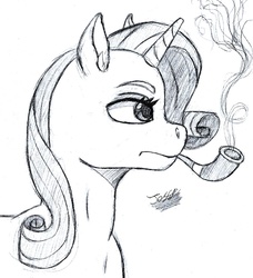 Size: 1207x1326 | Tagged: safe, artist:hypno, rarity, g4, black and white, female, grayscale, monochrome, pencil drawing, pipe, smoking, solo, traditional art