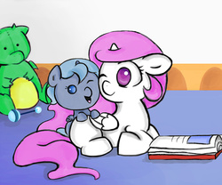 Size: 2281x1894 | Tagged: safe, artist:howlingwind14, princess celestia, princess luna, pony, g4, baby, baby luna, baby pony, book, cewestia, female, filly, filly celestia, one eye closed, pink-mane celestia, plushie, rattle, sweet dreams fuel, wink, woona, younger