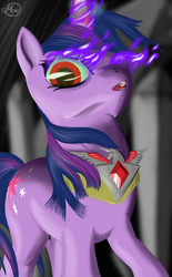 Size: 500x809 | Tagged: safe, artist:face-of-moe, twilight sparkle, pony, unicorn, g4, alicorn amulet, colored horn, crystal, curved horn, dark crystal, dark magic, female, horn, magic, solo, sombra eyes, sombra horn, unicorn twilight