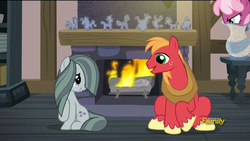 Size: 1920x1080 | Tagged: safe, edit, editor:redweasel, screencap, big macintosh, cheerilee, marble pie, earth pony, pony, g4, hearthbreakers, ponyville confidential, angry, female, fire, fireplace, jealous, looking at each other, male, mare, ninja, rock doll, sitting, stallion