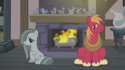 Size: 1366x768 | Tagged: safe, screencap, big macintosh, marble pie, earth pony, pony, g4, hearthbreakers, duo, duo male and female, female, fire, fireplace, looking at each other, looking at someone, male, mare, raised hoof, rock doll, sitting, smiling, smiling at each other, stallion