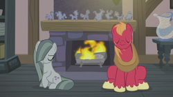 Size: 1366x768 | Tagged: safe, screencap, big macintosh, marble pie, earth pony, pony, g4, hearthbreakers, eyes closed, female, fire, fireplace, male, mare, rock doll, sitting, stallion