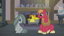 Size: 1366x768 | Tagged: safe, screencap, big macintosh, marble pie, earth pony, pony, g4, hearthbreakers, duo, female, fire, fireplace, looking at each other, male, mare, rock doll, sitting, stallion