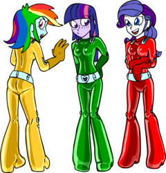 Size: 1142x1190 | Tagged: safe, artist:shennanigma, rainbow dash, rarity, twilight sparkle, human, equestria girls, g4, ass, bodysuit, butt, catsuit, clothes, cosplay, costume, latex, rubber ass, totally spies, trio