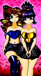 Size: 2250x4169 | Tagged: safe, artist:thegodoflazers, sunset shimmer, twilight sparkle, human, g4, bare shoulders, breasts, cleavage, humanized