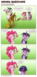 Size: 1027x2127 | Tagged: safe, artist:saturdaymorningproj, gilda, pinkie pie, twilight sparkle, oc, oc:mochrie the mock turtle, alicorn, griffon, pony, turtle, g4, alice in wonderland, comic, facehoof, female, mare, mock turtle, twilight sparkle (alicorn)