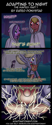 Size: 850x2020 | Tagged: safe, artist:terminuslucis, derpy hooves, octavia melody, earth pony, pegasus, pony, vampire, vampony, comic:adapting to night, comic:adapting to night: the hunted, g4, armor, armored pony, awesome, badass, badass boast, battle armor, black hair, black mane, black tail, blue eyes, cloak, cloaked, clothes, comic, cult, cultist, dawn knight, epic derpy, female, flying, forest, gray coat, gray mane, grey fur, grey hair, grey tail, hamon, hoof shoes, implied princess celestia, lady, landing, mare, missy, octavia is not amused, octavia's bowtie, pre-mortem one-liner, purple coat, purple eyes, purple fur, purple mane, red eyes, rock, tail, this will end in electrocution, this will end in pain, tree, unamused, yellow eyes