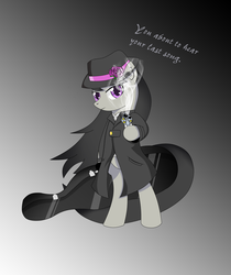 Size: 4200x5000 | Tagged: safe, artist:zzvinniezz, octavia melody, earth pony, pony, g4, absurd resolution, badass longcoat, bipedal, cello, clothes, coat, female, gun, handgun, hat, longcoat, mafia, mafia octavia, musical instrument, revolver, smoke, solo, weapon