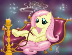 Size: 3250x2481 | Tagged: safe, artist:myandra, fluttershy, g4, couch, female, high res, hookah, sitting, smoking, solo