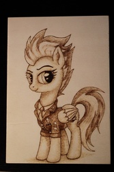 Size: 922x1383 | Tagged: safe, artist:horseez, spitfire, g4, female, monochrome, pyrography, solo, traditional art, wonderbolts