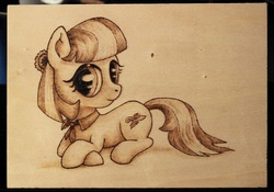 Size: 1024x716 | Tagged: safe, artist:horseez, coco pommel, g4, female, monochrome, pyrography, solo, traditional art