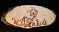 Size: 1280x708 | Tagged: safe, artist:horseez, zecora, zebra, g4, craft, female, log, monochrome, pyrography, solo, traditional art, tree stump, wood, woodwork