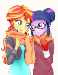 Size: 1597x2050 | Tagged: dead source, safe, artist:ryou14, sci-twi, sunset shimmer, twilight sparkle, equestria girls, g4, clothes, cute, duo, female, glasses, humanized, lesbian, scarf, shared clothing, shared scarf, shimmerbetes, ship:sci-twishimmer, ship:sunsetsparkle, shipping, twiabetes