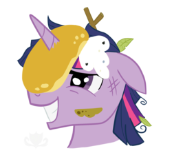 Size: 2507x2383 | Tagged: safe, artist:stagetechyart, twilight sparkle, castle sweet castle, g4, bust, dusk shine, floppy ears, food, grin, high res, horn, horn impalement, i'm pancake, male, messy, messy mane, pancakes, rule 63, simple background, smiling, solo, squee, transparent background