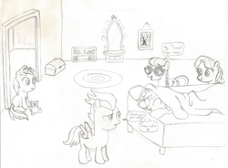 Size: 3340x2460 | Tagged: safe, artist:chronicle23, diamond tiara, dinky hooves, ruby pinch, rumble, silver spoon, g4, bedroom, dialogue, high res, monochrome, sleepover, speech bubble, teddy bear