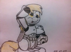 Size: 606x440 | Tagged: safe, artist:ljdamz1119, derpy hooves, pegasus, pony, g4, clothes, colored, costume, crossover, female, food, mare, muffin, solo, star wars, stormtrooper, traditional art