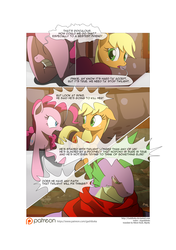 Size: 3541x5016 | Tagged: safe, artist:gashiboka, applejack, pinkie pie, spike, dragon, earth pony, pony, comic:recall the time of no return, g4, comic, floppy ears, freckles, older, older spike, patreon, patreon logo