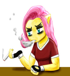 Size: 524x567 | Tagged: safe, artist:mariodan, fluttershy, anthro, g4, cigarette, female, simple background, smoking, solo, table