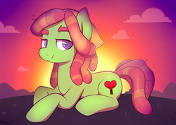 Size: 2500x1773 | Tagged: safe, artist:moozua, tree hugger, earth pony, pony, g4, female, hippie, looking at you, mare, prone, signature, smiling, smiling at you, solo, sunset