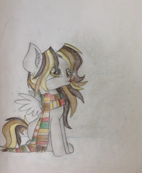 Size: 1936x2364 | Tagged: safe, artist:kaatseye, oc, oc only, unnamed oc, clothes, offspring, parent:derpy hooves, parent:doctor whooves, parents:doctorderpy, scarf, snow, snowfall, solo, traditional art