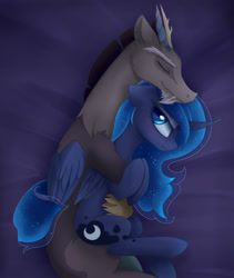 Size: 2700x3200 | Tagged: safe, artist:magnaluna, discord, princess luna, blushing, cuddling, eyes closed, female, lunacord, male, on side, shipping, smiling, snuggling, spooning, straight