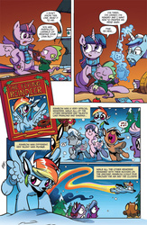 Size: 630x969 | Tagged: safe, artist:brenda hickey, artist:katie cook, idw, official comic, cuppa joe, diamond tiara, rainbow dash, silver spoon, spike, twilight sparkle, deer, reindeer, g4, spoiler:comic, spoiler:comicholiday2015, book, chocolate, christmas, clothes, cloven hooves, coffee, cookie, deerified, floppy ears, flying, food, fruitcake, hot chocolate, magic, marshmallow, prancing, preview, rainbow trail, reindeer dash, rudolph the red nosed reindeer, scarf, singing, snow, snowfall, species swap, telekinesis, twilight sparkle (alicorn)