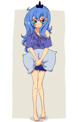 Size: 576x900 | Tagged: safe, artist:hirosi41, princess luna, human, barefoot, blame my sister, blushing, clothes, cute, feet, female, humanized, lunabetes, open mouth, pillow, pixiv, s1 luna, shirt, sleepwear, sleepy, solo, story in the comments, woona