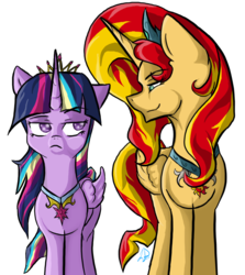 Size: 900x1010 | Tagged: safe, artist:lyx-d, sunset shimmer, twilight sparkle, alicorn, pony, g4, alicornified, frown, race swap, shimmercorn, simple background, smirk, transparent background, twilight sparkle (alicorn), unamused