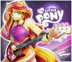 Size: 1024x878 | Tagged: safe, artist:fullb0dy, sunset shimmer, equestria girls, g4, my little pony equestria girls: rainbow rocks, armpits, electric guitar, female, guitar, musical instrument, my little pony logo, ponied up, pony ears, sleeveless, solo, sunset shredder, watermark