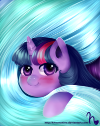 Size: 1024x1280 | Tagged: safe, artist:kitsunehino, twilight sparkle, g4, blushing, cute, female, filly, filly twilight sparkle, implied princess celestia, le lenny face, looking at you, mane, princess celestia's hair, smiling, solo