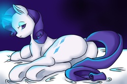 Size: 2480x1650 | Tagged: safe, artist:kenishra, rarity, pony, unicorn, g4, bed, bedroom eyes, butt, female, glowing horn, horn, looking at you, looking back, magic, mare, plot, prone, smiling, solo, underhoof
