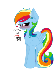 Size: 768x1024 | Tagged: safe, artist:php76, rainbow dash, pegasus, pony, g4, barrette, blatant lies, blushing, chest fluff, cute, cutie mark eyes, dashabetes, dialogue, ear fluff, female, fluffy, i'm not cute, lies, scrunchy face, simple background, skull and crossbones, solo, transparent background, tsunderainbow, tsundere