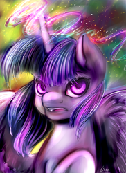 Size: 2400x3300 | Tagged: safe, artist:cartoonowl, twilight sparkle, alicorn, pony, g4, female, frown, high res, magic, mare, solo, spread wings, twilight sparkle (alicorn)