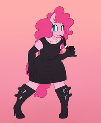 Size: 1280x1572 | Tagged: safe, artist:somescrub, pinkie pie, anthro, g4, black dress, boots, classy, clothes, commission, cute, dress, evening gloves, female, flat colors, gloves, high heels, little black dress, pearl, pipe, smiling, smoking, solo, tobacco