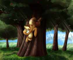 Size: 1642x1354 | Tagged: safe, artist:otakuap, applejack, pony, squirrel, g4, behaving like a squirrel, crepuscular rays, female, flexible, frown, grass, hoof hold, silly, silly pony, solo, tree, wat, who's a silly pony, wide eyes