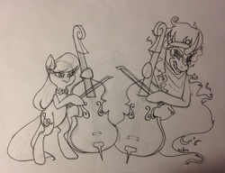Size: 2714x2080 | Tagged: safe, artist:ameliacostanza, king sombra, octavia melody, g4, slice of life (episode), cello, deleted scene, high res, monochrome, musical instrument, sketch, the devil went down to georgia, traditional art, wip