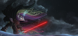 Size: 2500x1163 | Tagged: safe, artist:ncmares, princess cadance, g4, badass, clothes, cold, crossover, dark side, disney, epic, evil, female, horn, levitation, lightsaber, lucasfilm, magic, night sky, open mouth, redux, signature, sith, snow, snowfall, solo, star wars, telekinesis, tundra, weapon