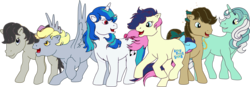 Size: 1280x444 | Tagged: safe, artist:theshadowstone, edit, bon bon, derpy hooves, dj pon-3, doctor whooves, lyra heartstrings, octavia melody, sweetie drops, time turner, vinyl scratch, earth pony, pegasus, pony, unicorn, g1, g4, background six, female, g4 to g1, generation leap, mare, rule 63, screenshot by lightshot, simple background, transparent background