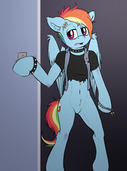 Size: 1300x1750 | Tagged: safe, artist:punk-pegasus, rainbow dash, semi-anthro, g4, bottomless, bracelet, choker, clothes, collar, doorway, female, keychain, light switch, open mouth, rocker, solo, spiked choker, spiked collar, spiked wristband, spikes, wall, wristband